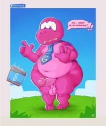 absurd_res accessory anthro balls belly big_butt butt chubby_cheeks curious dialogue dialogue_box dinosaur electronics erection fatty_humps gameoverse genitals glass glitch_productions gobbles_(gameoverse) happy heavy_balls hi_res katxfish magenta_body male navel necktie nervous nipple_dip nipples nude open_mouth outside overweight penis prehistoric_species reptile scalie slightly_chubby solo speech_bubble spiked_penis spikes spikes_(anatomy) surprised tablet thick_thighs