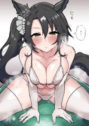 ... 1girls bikini black_hair blush crown elbow_gloves exercise_ball female gloves green_eyes horse_ears horse_girl horse_tail japanese_text legwear long_hair satono_crown_(umamusume) shimiya_(aokuchi) side_ponytail solo solo_female stockings streaked_hair sweat tail thighhighs umamusume white_bikini white_legwear white_streak