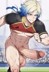 running cum_dripping_from_penis big_penis big_balls veins veiny_penis veiny_balls blue_lock michael_kaiser shirt_up ai_generated
