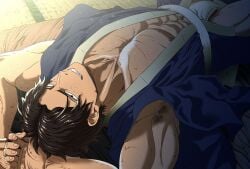 1boy abs armpit_hair armpits arms_up balls_peek balls_under_clothes bare_breasts belt biceps brown_eyes brown_hair bulge bulge_through_clothing cigarette cigarette_in_hand collarbone freckles freckles_on_face fundoshi gay grin hands_behind_head happy_trail hi_res inviting japanese_clothes japanese_room kimono legs_apart lying lying_on_back lying_on_floor male male_only manly mature_male medium_hair muscles muscular muscular_arms muscular_male narrowed_eyes navel one_piece open_clothes peanuts4343 pecs portgas_d_ace pubic_hair_peek rokushaku_fundoshi seductive six_pack smirk solo tatami white_fundoshi yaoi yukata