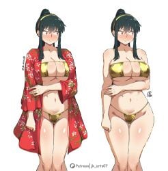 jk_arts spy_x_family yor_briar 1girl bikini black_hair blush breasts closed_mouth eyepatch_bikini gold_bikini gold_hairband hairband large_breasts long_hair micro_bikini multiple_views navel nose_blush ponytail red_eyes red_robe robe sidelocks simple_background swimsuit white_background