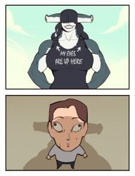 1boy 1girls 2koma biceps big_breasts black_hair bonnymama7 clothes_writing directional_arrow english_text eyes_far_apart funny grin hammerhead_shark large_breasts long_hair muscular muscular_female my_eyes_are_up_here scalie shark_girl sharp_teeth solo_focus t-shirt taller_female teeth