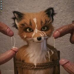 ai_generated anthro ash_fox_(fantastic_mr._fox) bondage bukkake cum_on_body cum_on_face fantastic_mr._fox fox furry furry_only gay green_eyes hydrai male male_only orange_fur rope rope_bondage tied_legs tied_up