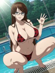 ai_generated bikini glasses huge_breasts long_hair okada_yuriko pool red_bikini smiley_face squatting tagme toujima_tanzaburou_wa_kamen_rider_ni_naritai