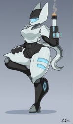 big_hips boobs cyan_eyes female female_only female_robot glowing_eyes gun_arm humanoid loomian loomian_legacy one_eye protogon robot robot_girl robotic thick_thighs thighs vylfour