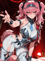 1girl 2026 ai_generated animal_tail anime armor ass_visible_through_thighs bangs bare_shoulders blush boobs bow breastplate breasts cleavage closed_mouth crossover eye_contact female female_focus flushed green_eyes hair_accessory hair_between_eyes hair_bow hairband heart highres huge_breasts indoors inside jewelry large_breasts long_hair looking_at_viewer lupa_(wuthering_waves) necktie neutral_expression nsfw pants patreon pigtails pink_hair ring rognezart scar smile smiling solo tail thick_thighs thighs twintails very_long_hair wuthering_waves