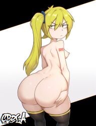 1girls akita_neru arm_tattoo ass_focus ass_grab black_legwear blonde_hair ecolialust fanloid female grabbing_own_ass legwear long_hair looking_back nude nude_female rear_view side_ponytail small_breasts solo solo_female stockings tattoo thighhighs vocaloid yellow_eyes