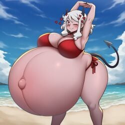 ai_generated beach bikini demon_girl demon_horns demon_tail embarrassed female helltaker lazybonesai looking_at_viewer modeus_(helltaker) pregnant pupils symbol-shaped_pupils thicc_thighs hyper_pregnancy stretch stretching