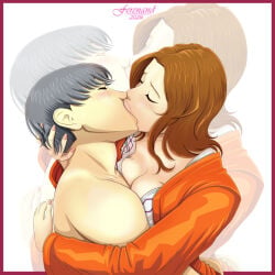 1boy 1girl 2026 age_difference artist_name artist_signature ass_grab atlus blush border breast_press brown_hair cleavage clothed_female_nude_male deep_kissing digital_drawing_(artwork) digital_media_(artwork) embrace eyes_closed female female/male ferenand french_kiss grey_hair hand_on_back head_grab highres hug kashiwagi_noriko kissing male mature_female milf nail_polish older_female_and_younger_male orange_jacket patreon_artist persona persona_4 persona_4_revival persona_4_the_golden pink_nails reflection romantic short_hair shoulder_length_hair simple_background straight teacher_and_student topless_male vgen_commission watermark yu_narukami