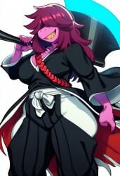 ai_generated anthro asian_clothing axe big_breasts black_clothing bleach_(series) breasts clothed clothing cosplay crossover crossover_cosplay deltarune female female_anthro freckles hair hair_over_eyes hellsonger hi_res holding_object holding_weapon melee_weapon pink_body purple_body purple_hair reptile scalie sharp_teeth simple_background smile solo susie_(deltarune) teeth undertale_(series) weapon
