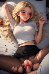 blonde blonde_hair blonde_female blonde-haired_female blonde_hair_female perfect_body perfect_legs perfect_ass perfect_boobs perfect_pussy perfect_cock ai_generated white_tshirt black_stockings black_skirt fucking in_bed cock_in_pussy cock_in_vagina dick_in_pussy penis_in_pussy penis_penetration drunk_sex drunk_female drunk party_sex after_party ripped_pantyhose pantyhose blush blushing blushing_at_viewer blushing_female blushed_face blush_face on_back