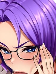 blue_eyes blush blush_lines blushing blushing_at_viewer blushing_female fellatio female game_cg glasses hand_on_glasses happy_life karryn karryn's_prison karryn_(karryn's_prison) lips looking_at_viewer male official_art purple_eyeshadow purple_hair sachinama short_hair tease video_game_character video_game_franchise video_games