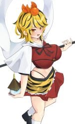 1girl 1girls belly belly_button big_breasts black_hair black_shoes blonde_hair collarbone crop_top fang frilled_skirt frills headwear hi_res high_resolution highres holding_object holding_weapon hood hood_down hoodie large_breasts miniskirt multicolored_hair navel no_bra open_mouth pagoda panties polearm red_clothing ribbon ring shawl shinonome_zakuro shore short_hair short_sleeves skirt sleeveless sleeveless_dress sleeves socks sole_female solo solo_female solo_focus sparkle sparkles sparkling_eyes spear standing standing_on_one_leg stomach streaked_hair tiger tiger_girl tiger_print toramaru_shou touhou underwear weapon white_socks wide_hips wide_sleeves yellow_eyes youkai