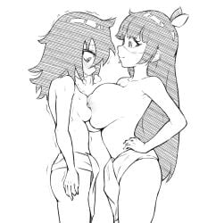 drawfag 2girls kuroki_tomoko kuruminha sketch simple_background breasts breast_envy nipples breast_press panting embarrassed long_hair loincloth trembling looking_at_another smile leaf_hair_ornament watashi_ga_motenai_no_wa_dou_kangaetemo_omaera_ga_warui!
