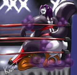 aroma_(kazecat) big_ass female_on_male furry kazecat skunk_girl stinkface wrestling_femdom wrestling_ring