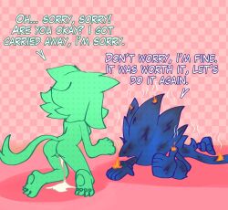after_sex anthro bodily_fluids burn_mark butt clothing cum dialogue domestic_cat duo eulipotyphlan fan_character felid feline felis female fire flaresg_art footwear genital_fluids gesture gloves hand_gesture handwear hedgehog hi_res humor leaking_cum male mammal on_ground sega shoes sonic_(series) sonic_the_hedgehog sonic_the_hedgehog_(series) tail thumbs_up