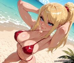 1girl 2026 ai_generated anime armpits arms_behind_head arms_up bangs beach bikini blonde_hair blue_eyes blue_sky blush boobs breasts cleavage closed_mouth collarbone covered_nipples crossover day female female_focus flushed hair_between_eyes heart heart-shaped_pupils highres huge_breasts large_breasts lips long_hair metroid midriff navel neutral_expression nintendo nsfw ocean outdoors patreon patreon_username ponytail red_bikini rognezart samus_aran sidelocks sky smile smiling solo swimsuit symbol-shaped_pupils very_long_hair water wet zero_suit_samus
