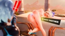 meme fortnite haylee_skye_(fortnite) lightrider_(fortnite) cybergirl3d butt_plug 1girls 2girls gun public outside greek day daytime fortnite:_battle_royale