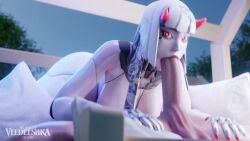 1boy 1girls blizzard_entertainment female light-skinned_male light_skin male oral oral_penetration oral_sex overwatch overwatch_2 red_eyes robot_girl shion_(overwatch) tagme veedeeshka video white_body white_hair