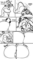 ass ass_expansion ass_inflation comic forced_inflation hakurei_reimu hose_inflation inflation monochrome puffster3 reimu_hakurei restrained_arms screaming sloshing_ass sloshing_butt touhou wide_hips