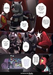 absurd_res anthro big_penis biped blitzo_(helluva_boss) blush bodily_fluids bottomwear breasts canid canid_demon canine clothed clothed_anthro clothed_female clothed_humanoid clothed_male clothing demon dialogue english_text erection female female_anthro fur genitals group hair hellaverse hellhound helluva_boss hi_res humanoid humanoid_on_anthro imp jizoku long_hair loona_(helluva_boss) male male/female male_humanoid mammal moxxie_(helluva_boss) mythological_canine mythological_creature mythology open_mouth penis red_penis sol_(jizoku) speech_bubble standing sweat sweatdrop text topwear white_body white_fur