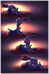 bed blindfolded bondage comic cowgirl_position cum gag_ball genital_slit nintendo penetration pokemon pokemon_(species) popplio scorbunny tapering_penis vaginal_penetration
