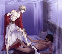 2boys barefoot bed blonde_hair blush cum dark-skinned_male dark_skin feet footjob gay looking_down multiple_boys muscle penis pubic_hair smirk standing standing_footjob yaoi