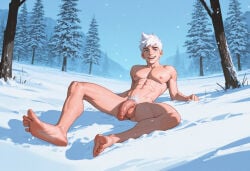 jack_frost_(rise_of_the_guardians) jack_frost rise_of_the_guardians white_hair blue_eyes pale-skinned_male muscular_male nude_male naked male male_feral barefoot big_penis smiling_at_viewer outdoors winter yaoi gay ai_generated