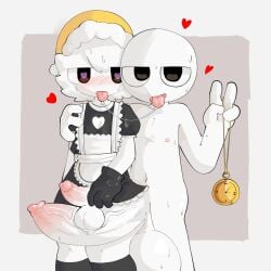 balls big_penis blush bodily_fluids circlehead clothing duo f_d_e_i_a femboy genitals gesture gloves hand_gesture hand_on_shoulder handwear hat headgear headwear heart_eyes heart_symbol hi_res huge_penis humanoid hypnosis legwear maid_uniform male male/male mind_control nipples nude penis penis_size_difference saliva saliva_string simple_background simple_eyes small_penis smug smug_face sweat thigh_highs tongue tongue_out uniform v_sign vein veiny_penis