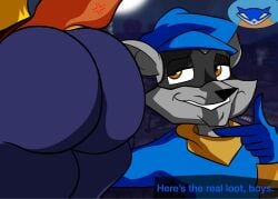 sly_cooper_(series) sly_cooper carmelita_fox pointing_at_ass 1boy 1girls huge_ass ass big_ass dat_ass ass_focus text game_background thick_ass grin curvydoodles