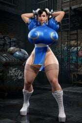 ai_generated alley asian_bimbo asian_female bimbo bimbo_body bimbofication bun_cover capcom chun-li dancing dress female_only hands_behind_head high_heel_boots hip_sway huge_breasts jiggle_physics logan_d long_fingernails makeup night pelvic_curtain pelvic_curtain_aside platform_heels sash solo_female spiked_bracelet stockings street_fighter street_fighter_6 tagme thick_lips thighhighs thong video