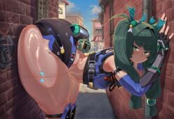 ai_generated ass big_ass braided_hair green_eyes green_hair long_hair looking_at_viewer qingyi_(zenless_zone_zero) shorts thick_ass thick_thighs thighs zenless_zone_zero