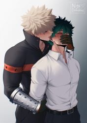 izuku_midoriya katsuki_bakugou my_hero_academia nyxdrawhine shirt teacher superhero_costume green_hair blush spiked_hair blonde_hair freckles embarrassed yaoi holding_hands midoriya_izuku bakugou_katsuki boku_no_hero_academia shounen_jump bones_(company) sca sweatdrop licking_ear nervous pectorals