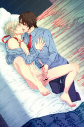 2boys barefoot bed blonde_hair bottomless brown_hair clothed_on_nude cum cum_on_balls cum_on_body cum_on_lower_body curtains french_kiss gay handjob highres male male_only medical necktie nipples nude on_back open_clothes open_shirt penis shirt spread_legs tie tongue yaoi