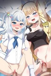 2boys 2girls absurdres arm_up bandaid bandaid_on_knee bandaid_on_leg blonde_hair blue_eyes blue_hair blunt_bangs blush bottomless breasts cleavage clitoral_hood collared_shirt commentary english_commentary fins fish_tail fuyumi_kazuki gawr_gura gawr_gura_(school_uniform) grey_hair hair_ornament hetero highres hololive hololive_english jumpsuit large_breasts looking_at_viewer medium_hair mole mole_on_breast multicolored_hair multiple_boys multiple_girls nail_polish navel official_alternate_costume open_mouth paid_reward_available penis pussy sex shark_girl shark_tail sharp_teeth shirt side_ponytail sidelocks small_breasts socks spread_legs strapless streaked_hair suit sweat tail teeth tube_top uncensored upper_teeth_only vaginal virtual_youtuber watson_amelia watson_amelia_(astronaut) white_shirt white_socks x_hair_ornament yellow_nails yellow_suit