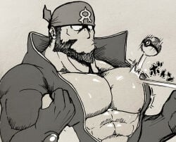 archie_(pokemon) bara beard big_pecs bodysuit facial_hair gat9emind0fun headkerchief male male_only monochrome muscles muscular nintendo pecs pokemon solo solo_male team_aqua wetsuit