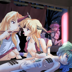 blonde_hair blue_eyes blue_hair bondage breast_grab breasts breasts_apart chains eel eels feeding female food food_stand horn horns hoshiguma_yuugi kaguya_houraisan long_hair multiple_girls mystia_lorelei nipples nitori_kawashiro no_bra nude nyotaimori oni open_shirt pink_hair red_eyes short_hair suika_ibuki tied_hair touhou twintails wancozow yatai yuri zoophilia