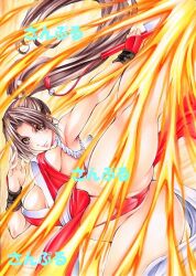 1girls big_breasts breasts breasts_out brown_eyes brown_hair exposed_breasts fatal_fury female king_of_fighters kunoichi large_breasts mai_shiranui maruto_(marutohonpo) ninja panties pantyshot pantyshot_(kicking) ponytail red_panties red_underwear traditional_media_(artwork) underwear yqgkg