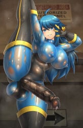 1girl absurdres ahoge ass_visible_through_thighs black_boots black_gloves blu_pyro_(tf2) blue_bodysuit blue_eyes blue_hair bodysuit boots breasts commentary commission covered_nipples emperpep english_commentary futanari genderswap genderswap_(otf) gloves grin highres large_breasts large_penis latex latex_bodysuit latex_gloves latex_legwear long_hair looking_at_viewer penis precum precum_drip pyro_(tf2) smell smile solo split standing standing_on_one_leg standing_split sweat team_fortress_2 teeth testicles thigh_boots variant_set w