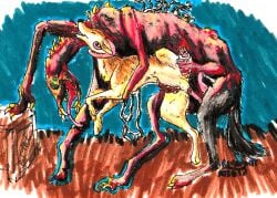 2026 animal_genitalia back_tentacles body_horror bone canid canine canis crayon_(artwork) domestic_dog duo eyes_closed female female_penetrated feral feral_on_feral feral_penetrated feral_penetrating feral_penetrating_feral genitals husky long_penis male male/female male_penetrating male_penetrating_female mammal marker_(artwork) mixed_media monster multi_limb nordic_sled_dog oil_pastel_(artwork) open_mouth pastel_(artwork) penetration penile penile_penetration penis penis_in_vagina regsmutt sex sheath skull skull_head smile spitz tentacle_around_neck tentacles traditional_media_(artwork) vaginal vaginal_penetration
