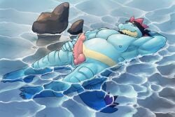 animal_genitalia animal_penis anthro areola armor beard blue_body body_armor claws countershade_face countershading crocodilian_penis erection facial_hair feraligatr floating_on_water generation_2_pokemon genital_slit genitals hand_behind_head head_spikes hi_res knot knotted_penis lying male multicolored_body musclegut muscular nintendo nipples nude on_back penis pokemon pokemon_(species) rock sharp_teeth slit_penis snout solo spiked_tail spikes spikes_(anatomy) tail teeth toe_claws vein veiny_penis virieg water wave