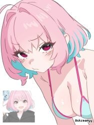 1girls solo female_only female female_focus short_hair collarbone shoulders cleavage large_breasts breasts white_background simple_background highres high_resolution standing looking_at_viewer digital digital_media digital_art digital_drawing digital_media_(artwork) digital_drawing_(artwork) 2d 2d_(artwork) 2d_artwork drawing pink_hair pink-haired_female pink_hair_female blue_hair blue-haired_female red_eyes red-eyed_female eyebrows_visible_through_hair frown frowning scowl frown_eyebrows frowning_at_viewer ahoge hair_intakes blushing flushed blushing_female blush_face flushed_face blushing_at_viewer blush_lines blushing_lines hanging-breasts dangling_breasts leaning leaning_forward busty busty_female busty_girl large_boobs big_breasts big_boobs bikini swimsuit swimwear bikini_top white_bikini white_swimsuit white_swimwear white_bikini_top string_bikini halterneck bare_skin bare_shoulders bare_chest exposed_skin exposed_shoulders exposed_chest shiny_skin shiny_hair shiny_breasts yumemi_riamu idolmaster gakuen_idolmaster idolmaster_cinderella_girls japanese japanese_female japanese_girl japanese_woman skreamyy