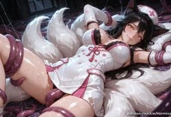 1girl ahri ahri_(league_of_legends) ai_generated animal_ears armpits arms_up black_bra black_hair black_panties blush bra breasts covered_navel detached_sleeves facial_mark fox_ears fox_tail hat kermixx korean_clothes large_breasts league_of_legends long_hair looking_at_viewer lying multiple_tails nurse nurse_ahri nurse_cap on_back panties parted_lips restrained smile solo spread_legs sweat tail tentacles underwear wet whisker_markings yellow_eyes