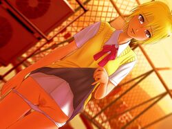 blonde_hair censored female game_cg katsuragi_yako majin_tantei_nougami_neuro maten panties panty_pull pubic_hair purple_eyes pussy school_uniform short_hair skirt skirt_lift solo standing underwear white_panties