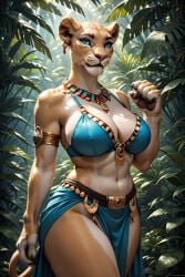 lioness lion furry furry_female ai_generated tribal tribal_clothing amazon jungle jungle_girl milf large_breasts beige_fur blue_eyes maneless