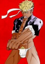 1boy abs balls_under_clothes beefy blonde_hair blue_eyes bulge bulge_through_clothing collarbone dark_skin delinquent frown fundoshi gakuran gay genital_outline hachimaki headband hi_res japanese_clothes legs_apart male male_only manly mature_male muscles muscular muscular_arms muscular_legs muscular_male muscular_thighs navel open_clothes original original_character ouendan pecs pubic_hair pubic_tuft punch quadriceps red_background rokushaku_fundoshi rolled_up_sleeves saragi_domu school_uniform shaved_side short_hair shouting six_pack solo standing tough_guy white_fundoshi yaoi