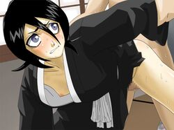 1boy 1girls arm_grab bent_over black_hair bleach blush breasts censored clothed_sex clothing doggy_style down_blouse faceless_male female flat_chest game_cg grey_eyes japanese_clothes kuchiki_rukia looking_back male maten nipples no_bra open_clothes sex solo_focus sweat