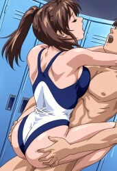 1boy 1girls ai_generated amatsuki_jun bangs bare_shoulders barefoot bible_black bible_black_only blue_one-piece_swimsuit bouncing_breasts breasts breasts_apart breasts_out brown_hair closed_eyes clothed_female_nude_male clothed_sex clothes_pull collarbone competition_swimsuit faithful_to_the_anime female fucked_senseless fucked_silly hair_ornament hair_tie high_resolution highleg highleg_swimsuit hug indoors large_breasts leg_lock legs locker locker_room male medium_hair moaning nipples nude one-piece_swimsuit one-piece_swimsuit_pull open_mouth raised_eyebrows sex short_twintails stand_and_carry_position standing standing_sex swimsuit teen teenage_girl teenager teeth twintails uncensored unseen_male_face upper_teeth viewed_from_below