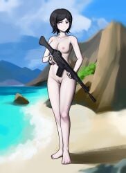 fulltimeangel13 danganronpa_(series) danganronpa:_trigger_happy_havoc ikusaba_mukuro casual_nudity public_indecency bare_arms barefoot bare_legs bare_shoulders bare_stomach bare_thighs completely_nude completely_nude_female hand_tattoo nude nude_female public_nudity tattoo black_hair blush breasts brown_eyes clavicle cleavage cleft_of_venus feet female freckles legs medium_breasts short_hair thighs toes vagina closed_mouth standing trigger_discipline holding holding_gun holding_object holding_weapon looking_to_the_side nudist assault_rifle daewoo_k2 gun rifle weapon cloud water beach blue_sky day female_focus female_only mountain ocean public sky solo solo_focus portrait nude_filter third-party_edit edit high_resolution large_filesize very_high_resolution danganronpa bare_breasts bare_chest bare_skin mukuro_ikusaba