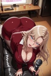 kiraamane ai_generated patreon seductive sexy uncensored watermark hi_res high_quality high_resolution kurashiki_reika breasts skirt cleavage 1girl blue_eyes ass microphone jewelry earrings large_breasts long_hair pantyhose bent_over blush looking_at_viewer blonde_hair pencil_skirt open_mouth indoors monitor collarbone
